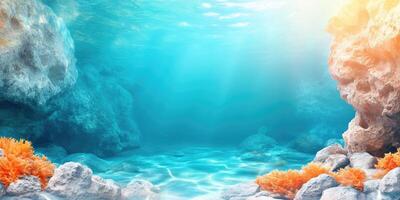 Underwater Scene with Rocks, Coral, and Sunbeams photo