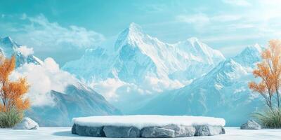 Snow-Covered Stone Platform in Front of Majestic Snowy Mountains photo