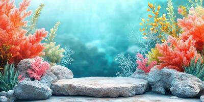 Stone Platform Surrounded by Aquatic Plants and Coral in a Blue Underwater Scene photo