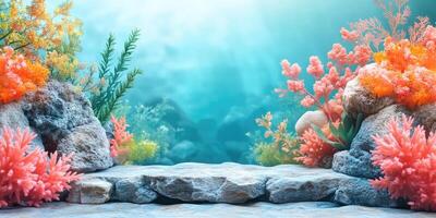 Stone Platform with Coral and Underwater Background photo