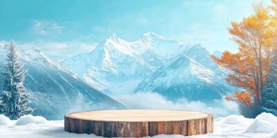 Wooden Platform in Snowy Mountains with Autumn Tree photo