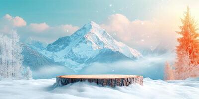 Wooden Log Platform in a Snowy Winter Mountain Landscape photo