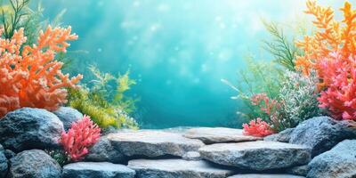 Underwater Scene with Coral, Rocks, and Seaweed photo