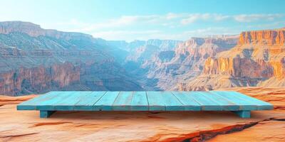 A Blue Wooden Platform Overlooking a Vast Canyon photo