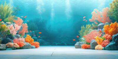 Underwater Scene with Coral Reef, Fish, and a Platform photo