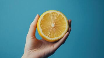 Hand Holding a Sliced Lemon Against a Blue Background photo