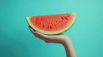 Hand Holding a Slice of Watermelon Against a Turquoise Background photo