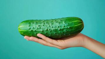 A Hand Holding a Green Cucumber Against a Blue Background photo