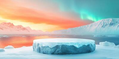 Frozen Ice Platform in Arctic Landscape with Aurora Borealis photo