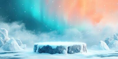 Snowy Platform with a Blue and Orange Aurora Borealis Background photo