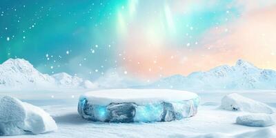 Snowy Mountain Range with Glowing Ice Platform photo