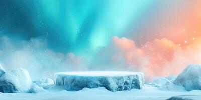 Snowy Mountains and Frozen Platform Under a Colorful Sky photo