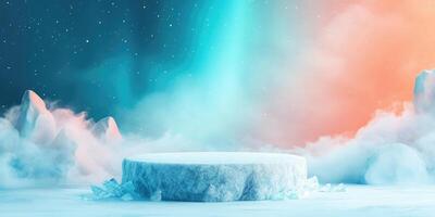 Frozen Ice Platform Underneath a Blue and Orange Sky photo