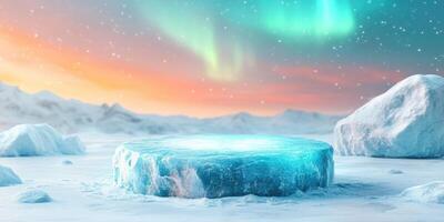 A Frozen Platform in a Snowy Landscape with an Aurora Borealis photo