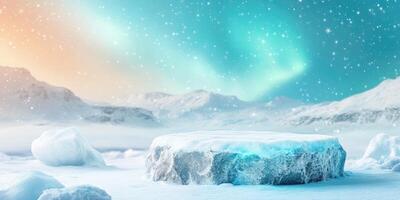 Snowy Mountain Landscape with a Frozen Rock Platform photo