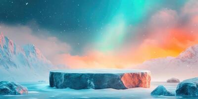 A Snowy Mountain Range with a Stone Platform in Front of a Colorful Aurora Borealis photo
