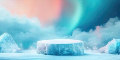 Snowy Platform With Ice Formations Under a Colorful Aurora Borealis photo