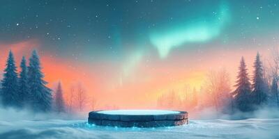 Stone Platform in a Snowy Forest Under a Starry Sky photo