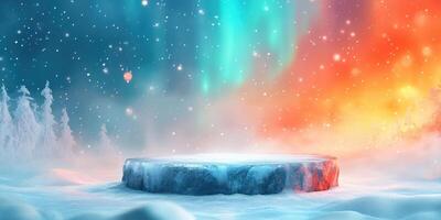 Frozen Ice Platform in a Snowy Winter Landscape with Aurora Borealis photo