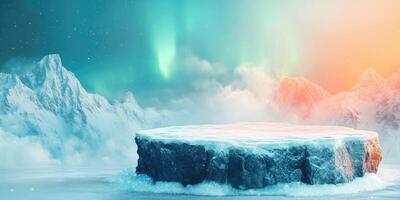 A Snowy Rock Platform Against A Mountainous Background With Northern Lights photo
