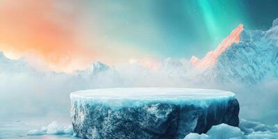 Frozen Ice Platform in a Snowy Mountain Landscape photo