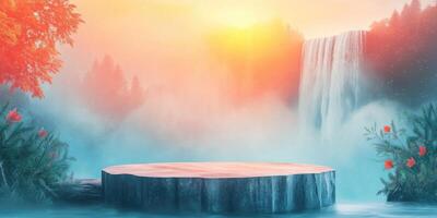 Wooden Platform in a Dreamy Forest Setting with Waterfall and Fog photo