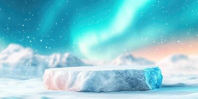 Ice Platform Against Snowy Mountain Range and Aurora Borealis photo