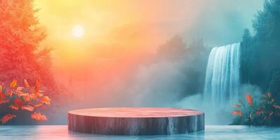 Circular Stone Platform in a Dreamy Forest and Waterfall Landscape photo