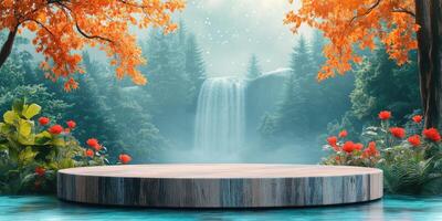 Wooden Platform with Waterfall Backdrop in Misty Autumn Forest photo
