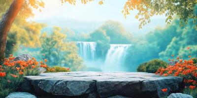 Stone Platform Overlooking a Waterfall with Orange Flowers photo