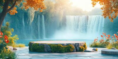 Stone Platform with Moss and Waterfall Background photo
