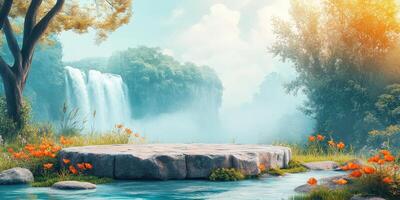 Stone Platform Beside a Waterfall in a Misty Forest photo