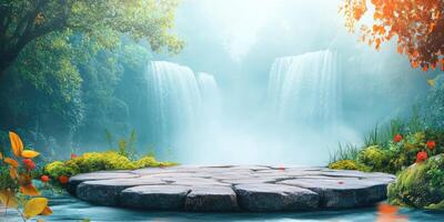 Stone Platform in a Lush Forest with a Waterfall in the Background photo