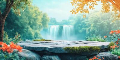 Stone Platform in a Lush Forest Landscape with a Blurred Waterfall in the Background photo