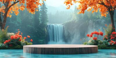 Wooden Platform in a Forest with a Waterfall and Flowers photo