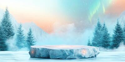 A large icy rock platform in a wintery landscape with aurora borealis and snow-covered trees photo