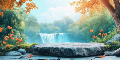Stone Platform with Waterfall and Flowers in a Lush Forest photo