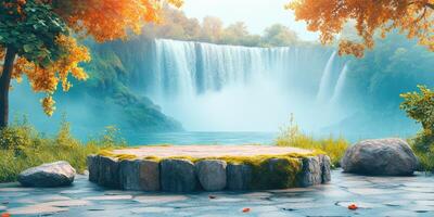Stone Platform with Waterfall and Autumn Trees Background photo