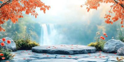 Stone Platform with Waterfall Background and Flowers photo
