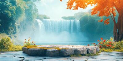 Stone Platform by a Waterfall and Lush Foliage photo