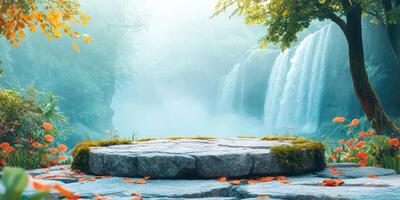 Stone Platform with Waterfall and Flowers in a Misty Forest photo