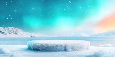 Frozen Ice Platform in a Snowy Arctic Landscape with a Colorful Sky photo