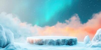 Frozen Platform with Northern Lights in a Snowy Landscape photo