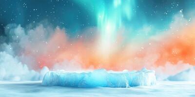 A solitary ice formation against a backdrop of colorful aurora borealis and snow. photo