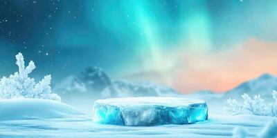 A Frozen Ice Platform in a Snowy Landscape with the Northern Lights in the Background photo