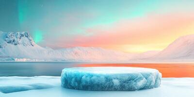 Ice Platform Under a Starry and Aurora Borealis Sky with Mountains in the Background photo