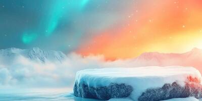 Snowy Mountain Peak with Colorful Aurora Borealis and Stars photo