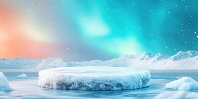 Iceberg Platform with Aurora Borealis in the Background photo