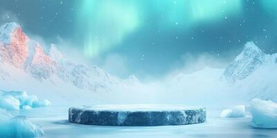 Frozen Mountain Landscape with Circular Ice Platform photo