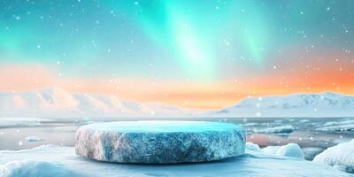 Frozen Ice Platform with Aurora Borealis Background photo